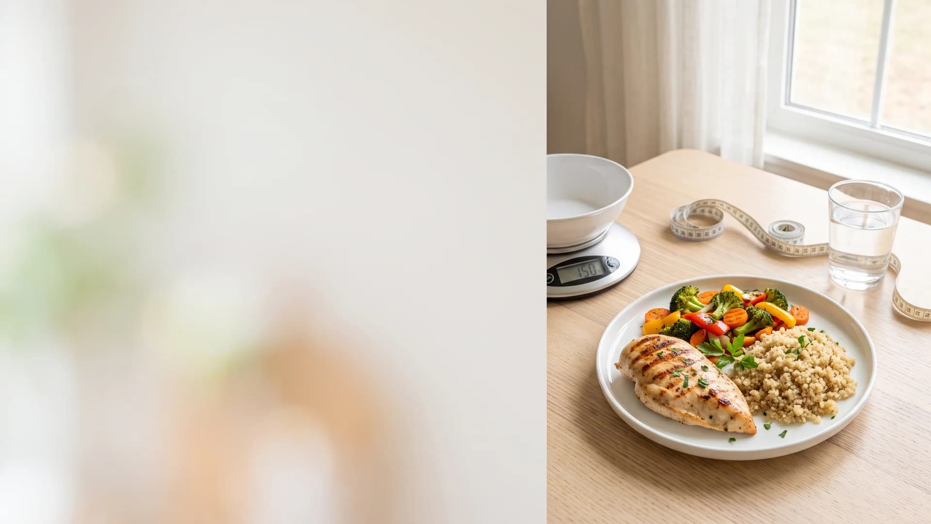 Calorie deficit — balanced portion-controlled plate with chicken, quinoa and vegetables, kitchen scale and measuring tape