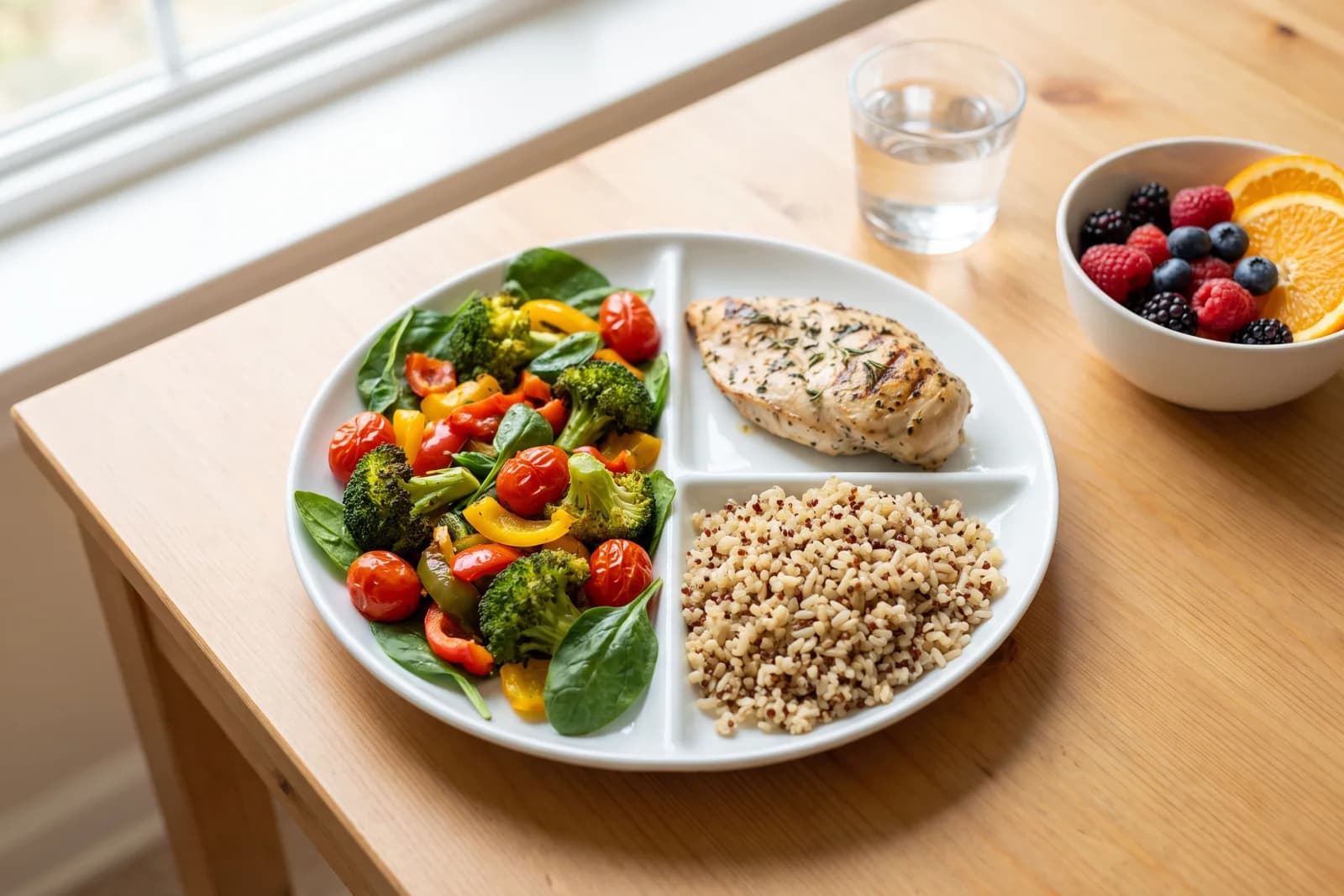 Balance plate for a calorie deficit: half vegetables, quarter protein, quarter whole grains