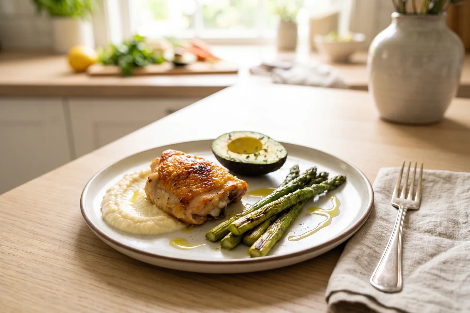 Ready keto meal: baked chicken with cauliflower puree, asparagus and avocado