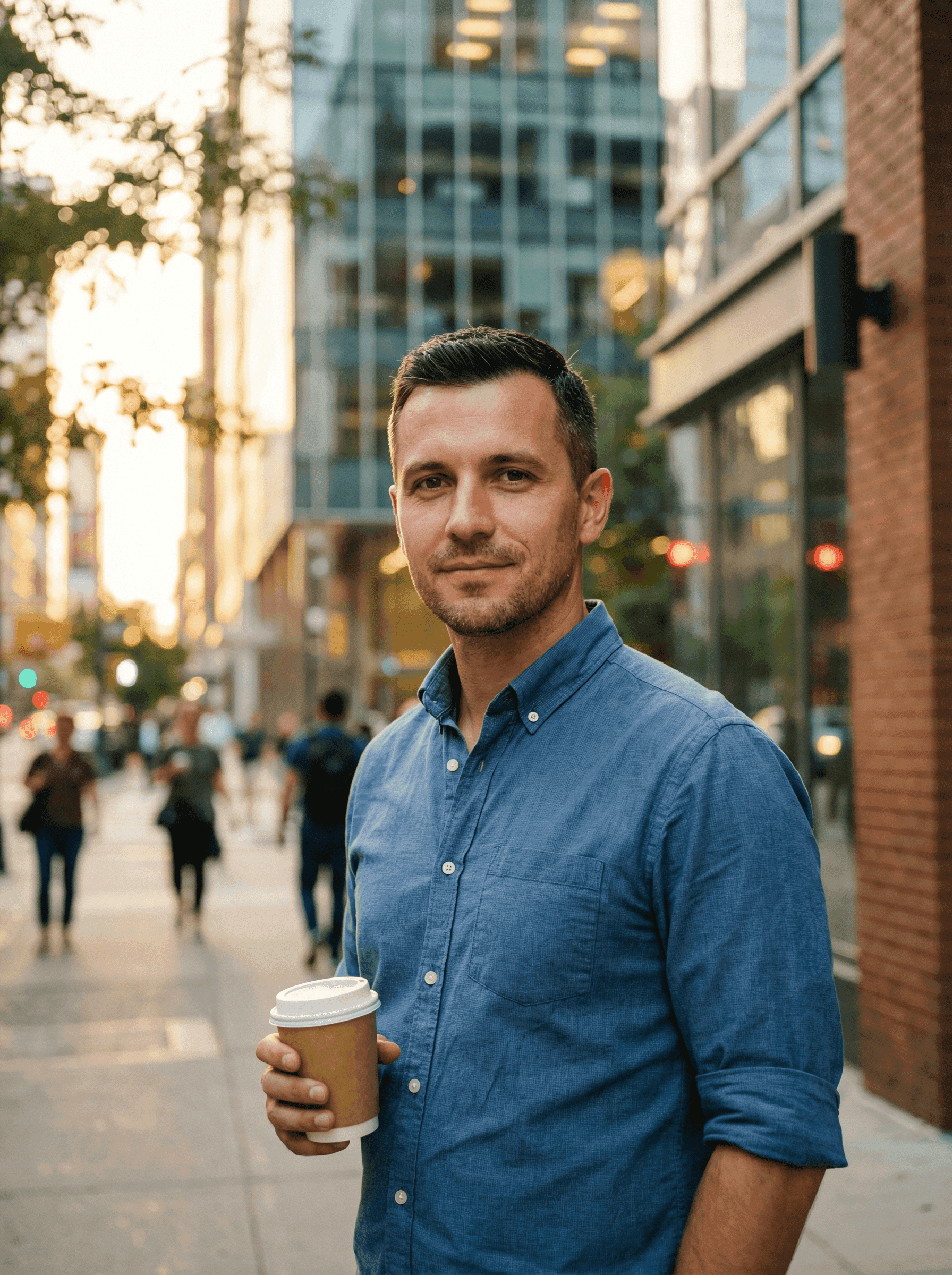 Діловий чоловік з кавою на вулиці міста