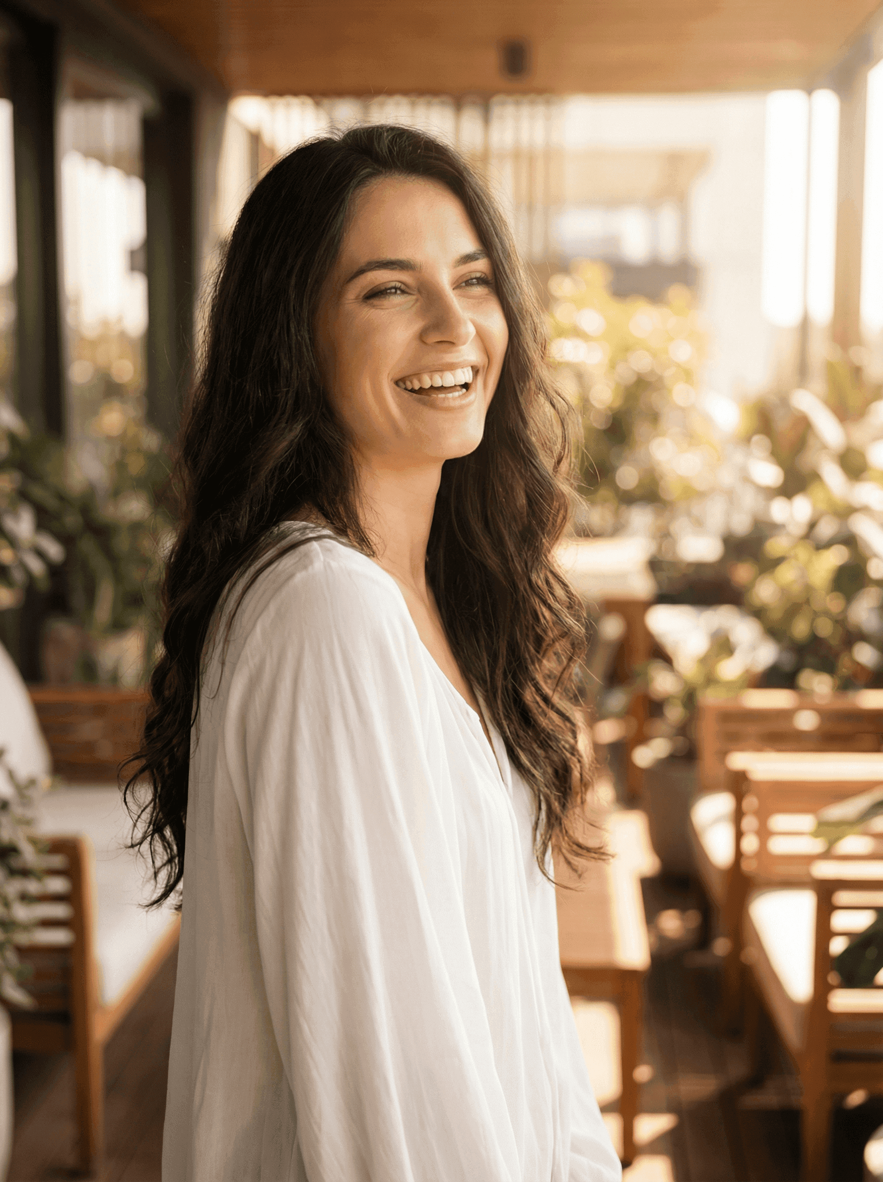 Молода стильна жінка із сяючою посмішкою