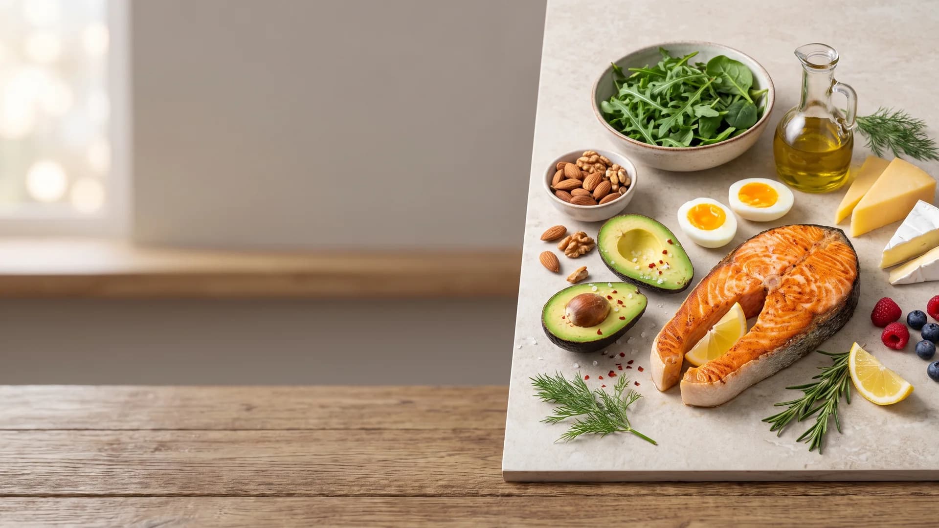 Keto diet menu — salmon, avocado, eggs, greens and nuts on a table, ketogenic foods