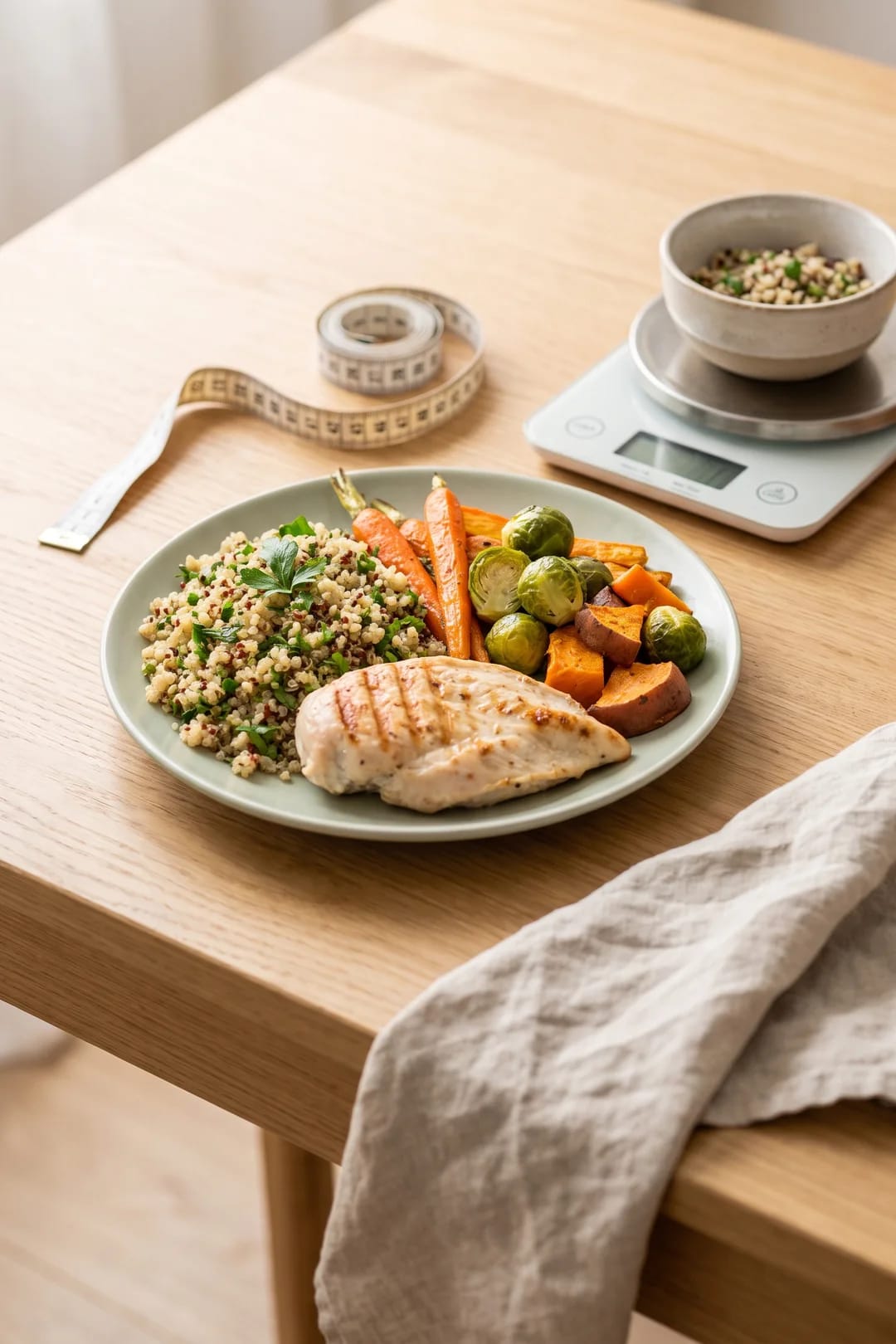 Calorie deficit — balanced portion-controlled plate with chicken, quinoa and vegetables, kitchen scale and measuring tape