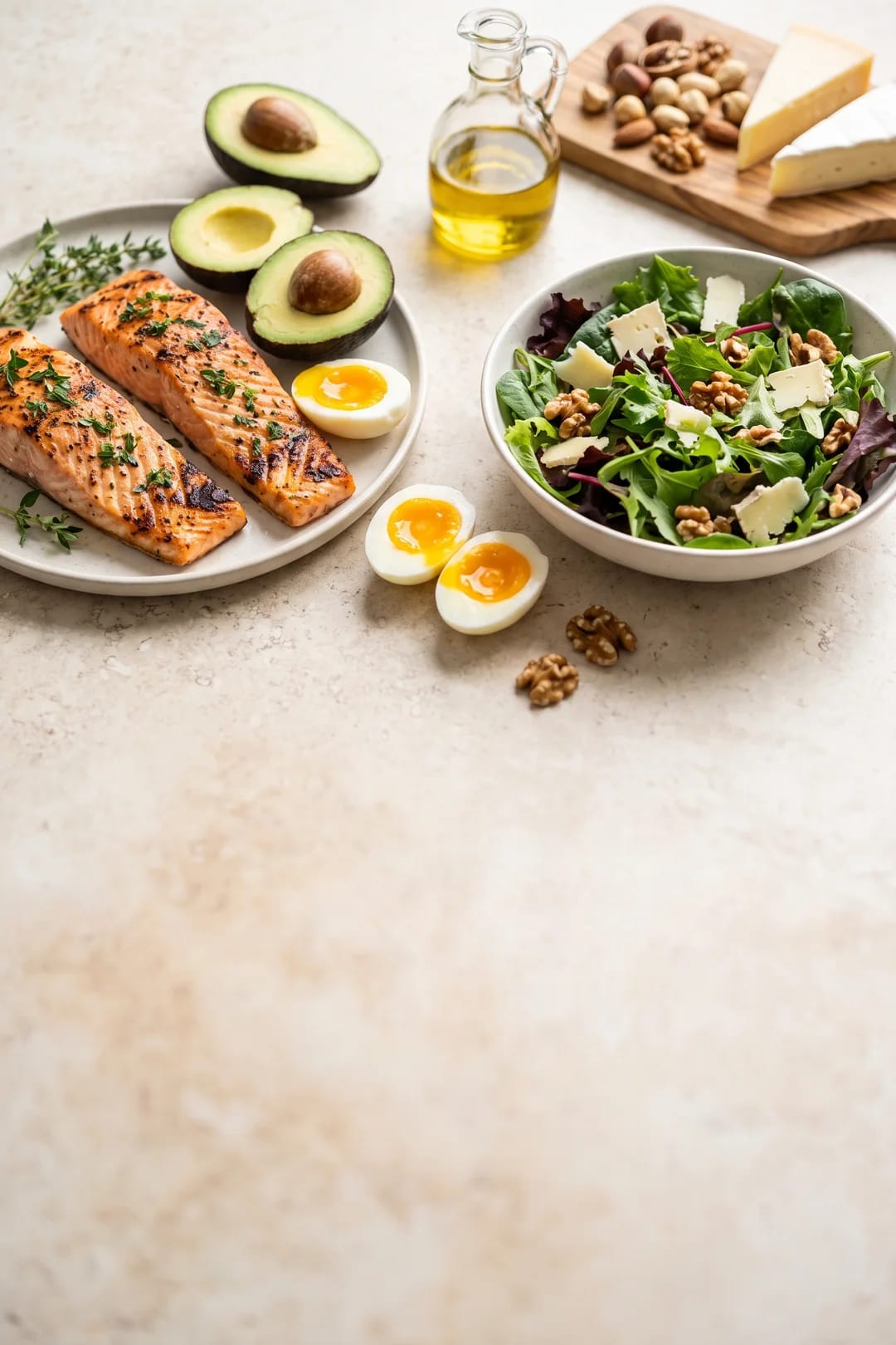 Keto diet menu — salmon, avocado, eggs, greens and nuts on a table, ketogenic foods