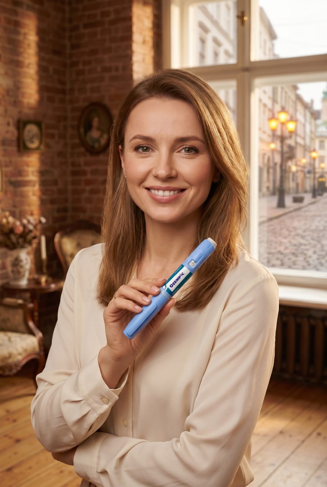 Ozempic in Lviv — woman holding FlexTouch pen Novo Nordisk, courier delivery 1–2 days DOZA