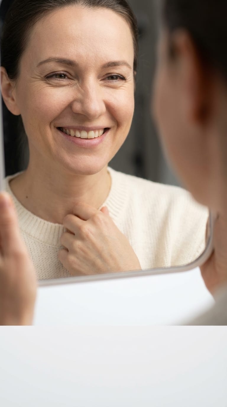 Як схуднути ефективно — жінка задоволено дивиться у дзеркало після програми схуднення DOZA, Mounjaro Україна