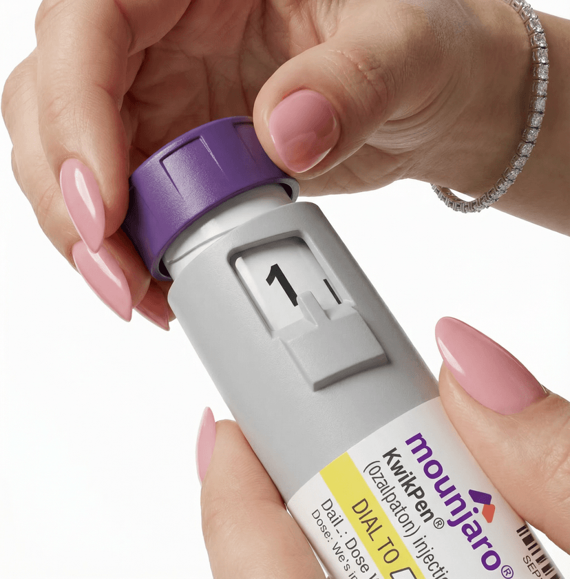 Крок І2 — встановлення дози Mounjaro KwikPen: поворот кнопки дозування до символу ① перед ін'єкцією тирзепатіду