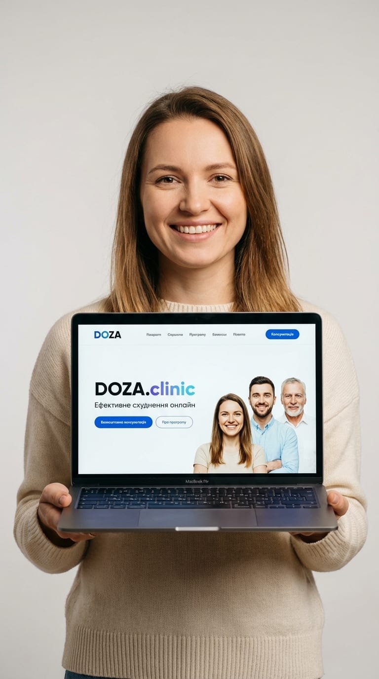 Програма схуднення DOZA онлайн — жінка з ноутбуком і сайтом DOZA, корекція фігури Mounjaro Україна