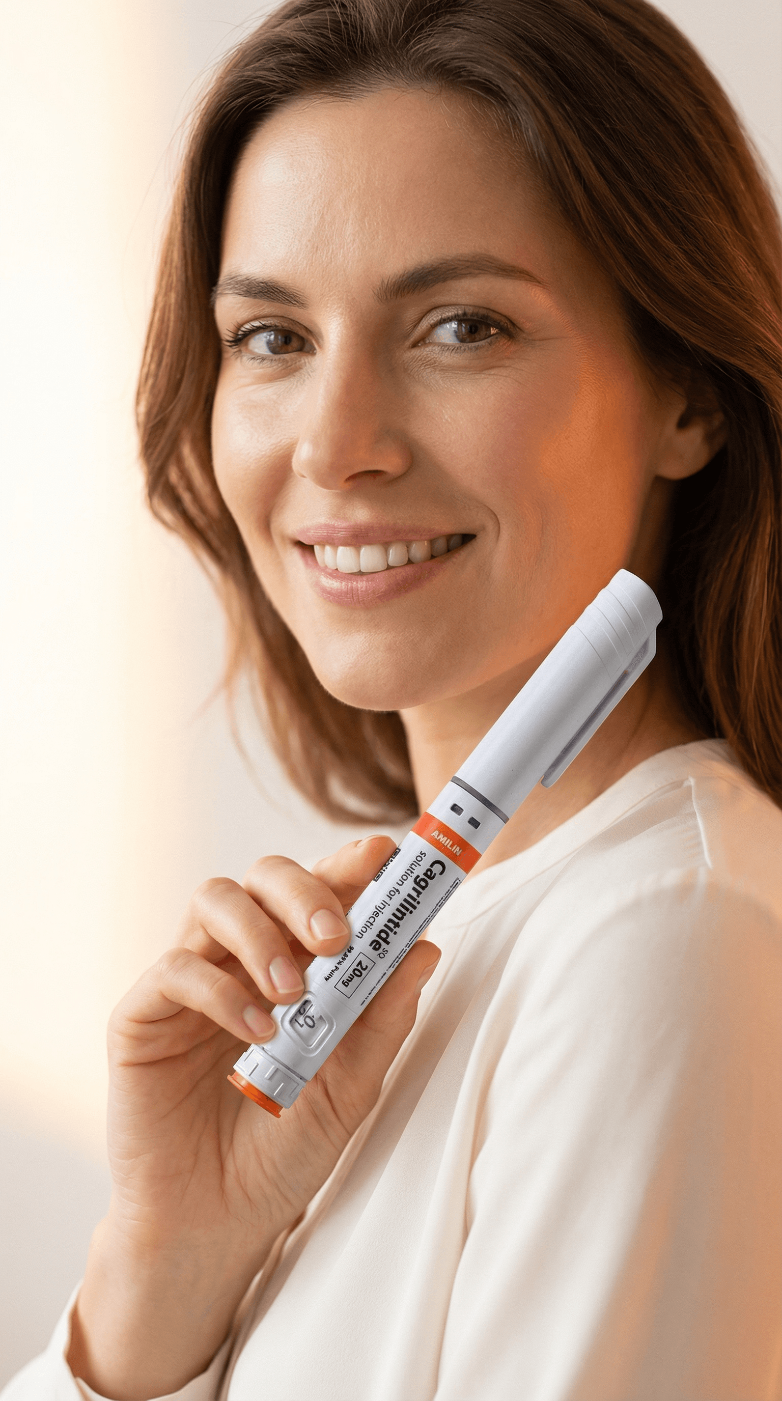 Cagrilintide (Каґрілінтід) Amilin 20 мг — жінка тримає ручку-інжектор PeptoLabs, програма DOZA Cagrilintide (Каґрілінтід) Amilin 20 мг — жінка тримає ручку-інжектор PeptoLabs, програма DOZA