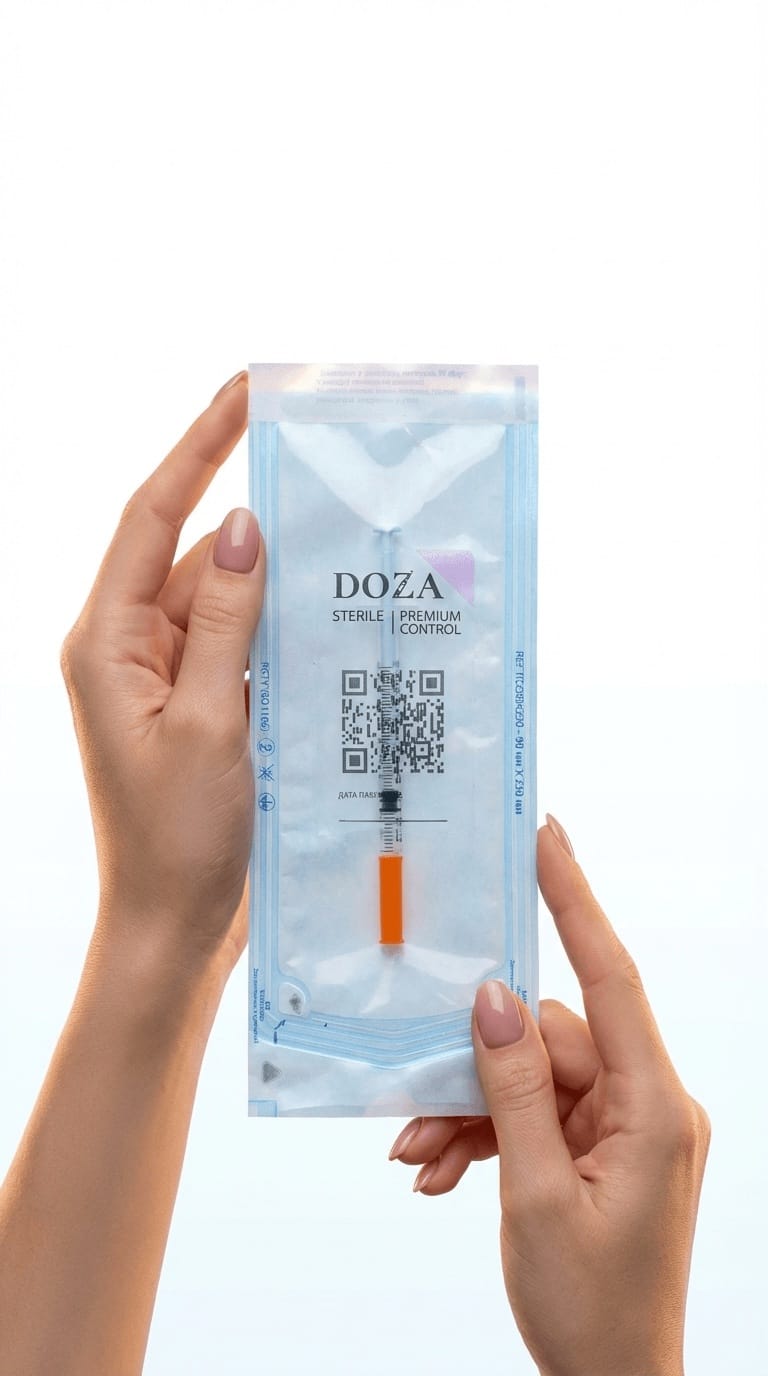 Купити Мунджаро (Mounjaro) 1 дозу — індивідуальне дозування тирзепатиду від DOZA Дві руки тримають стерильну упаковку DOZA з індивідуальною дозою Мунджаро (Mounjaro, тирзепатид) — купити в Україні